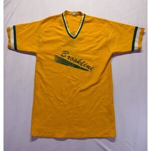 Lemans Single Stitch Jersey Mens Large‎ Yellow Graphic Brookline Nylon V Neck #7